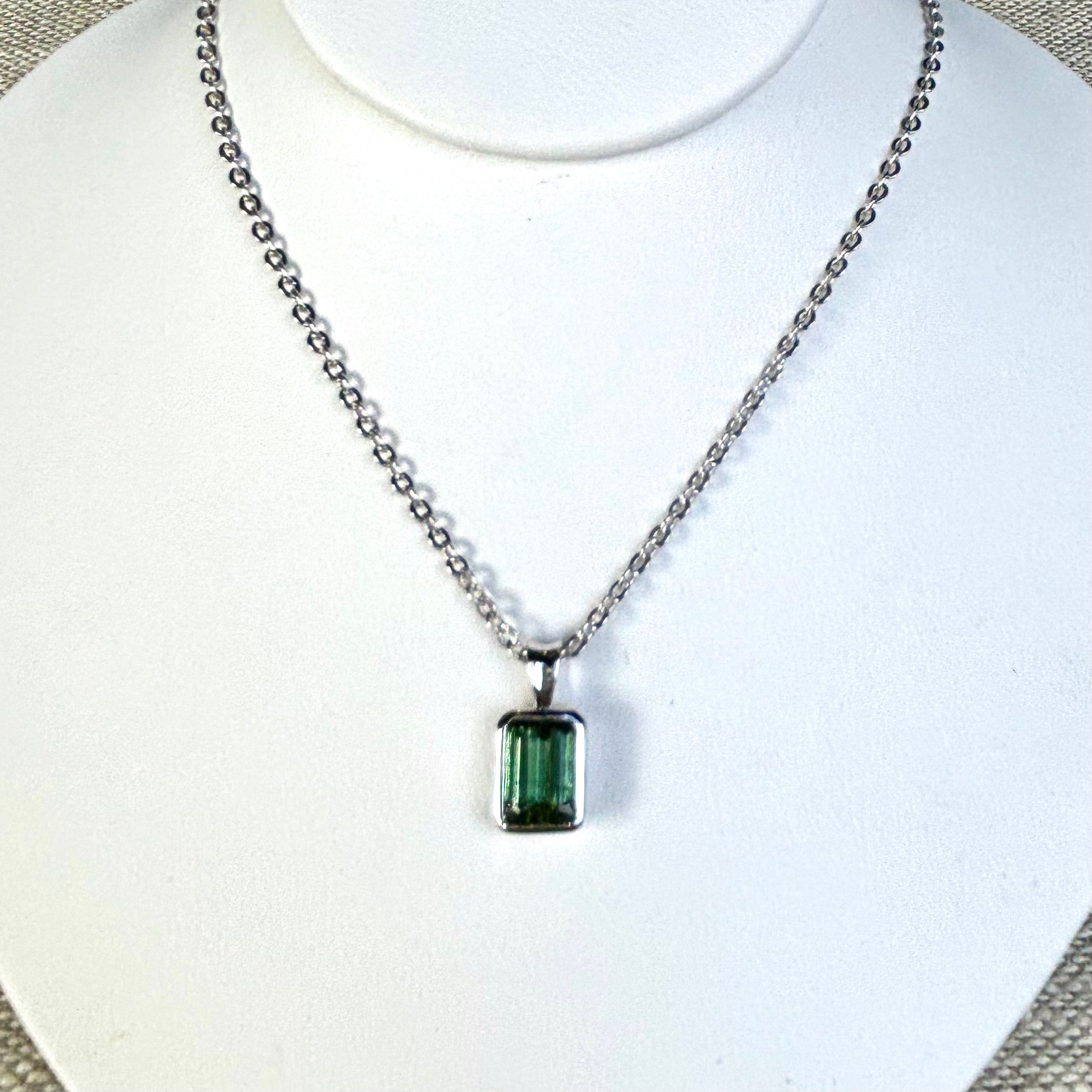 Green Tourmaline and Silver Pendant and Chain, Tourmaline Cabochon and Sterling Silver Necklace, outlet Tourmaline and Greek Key Pendant