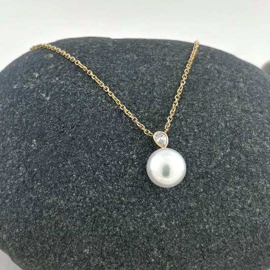 14K Pearl + Teardrop Diamond Necklace