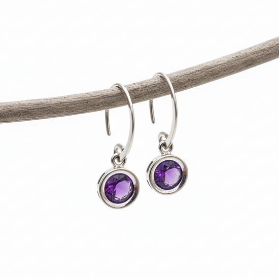 Sterling Silver + Amethyst Bezel Mini Swoop Earrings