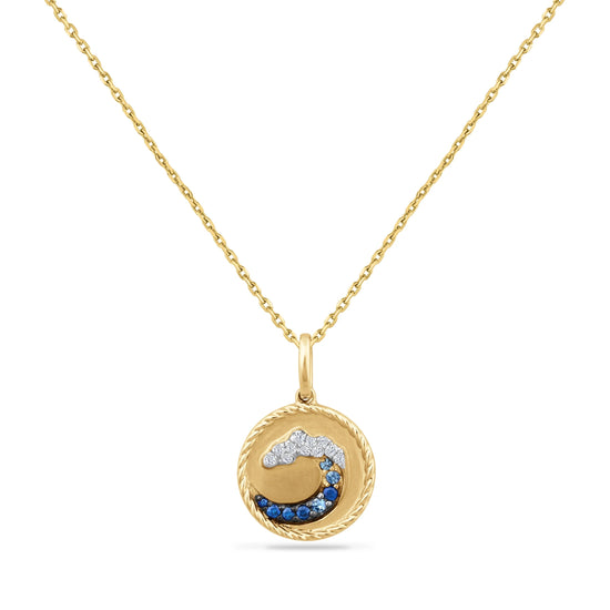 14K Sapphire + Diamond Wave Disc Pendant