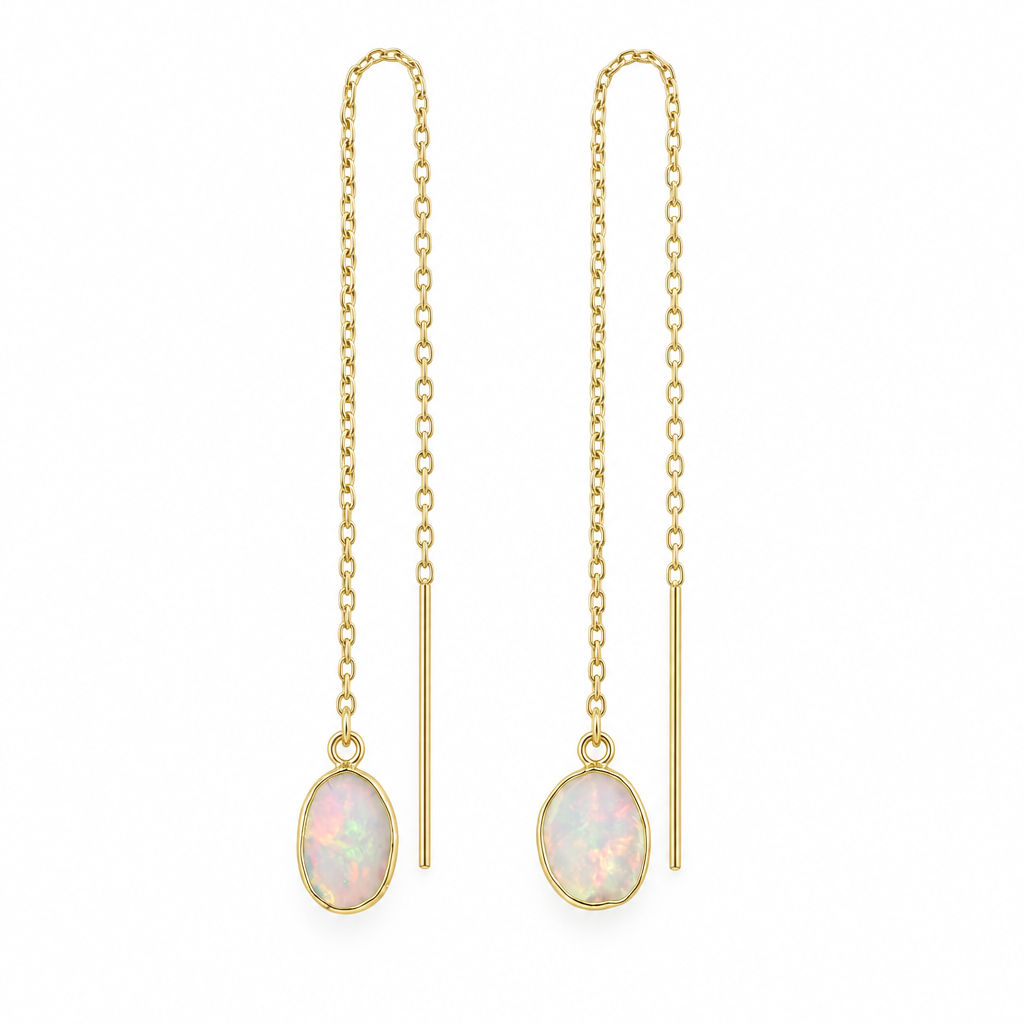 14k yellow gold white opal threader style earrings
