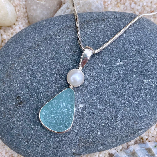 Aqua Sea Glass + Pearl Necklace