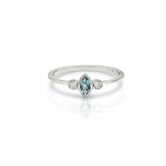 14K Petite Marquis Blue Topaz + Diamond Ring