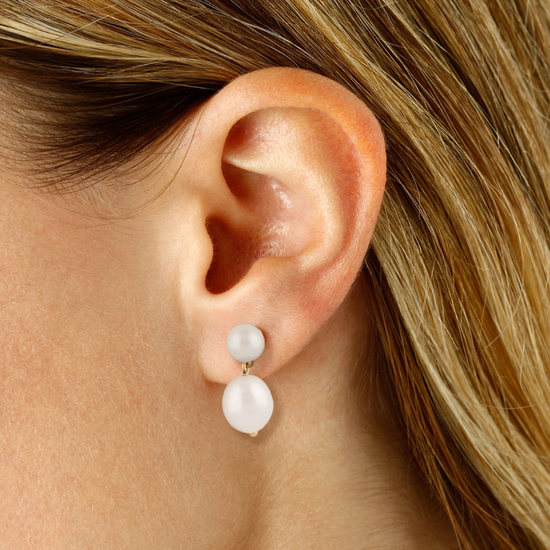 14K Double Pearl Drop Earring