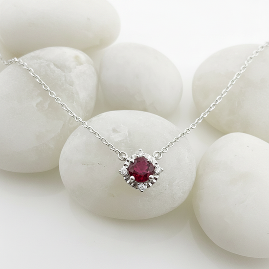 Sterling Silver Lab Ruby + Diamond Necklace