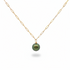 Gold chain necklace with a green pearl pendant on a white background