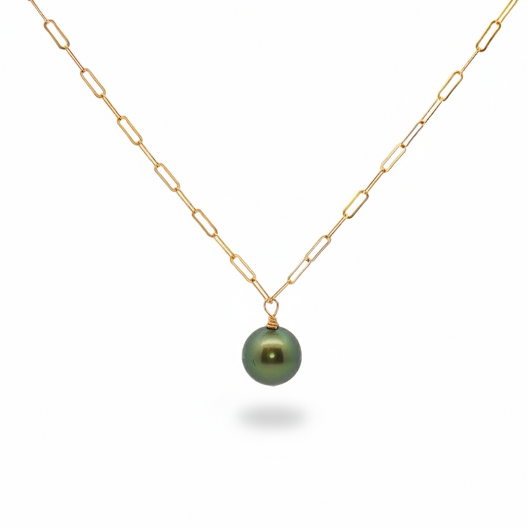 Gold chain necklace with a green pearl pendant on a white background