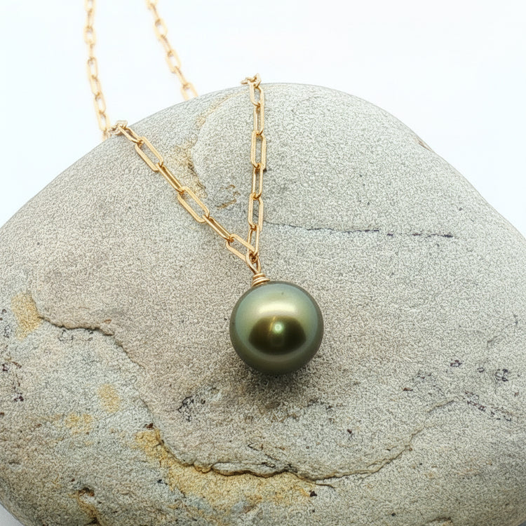 Tahitian Pearl Paperclip chain necklace on a beach stone