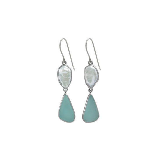 Sea Glass + Biwa Pearl Drop Earrings