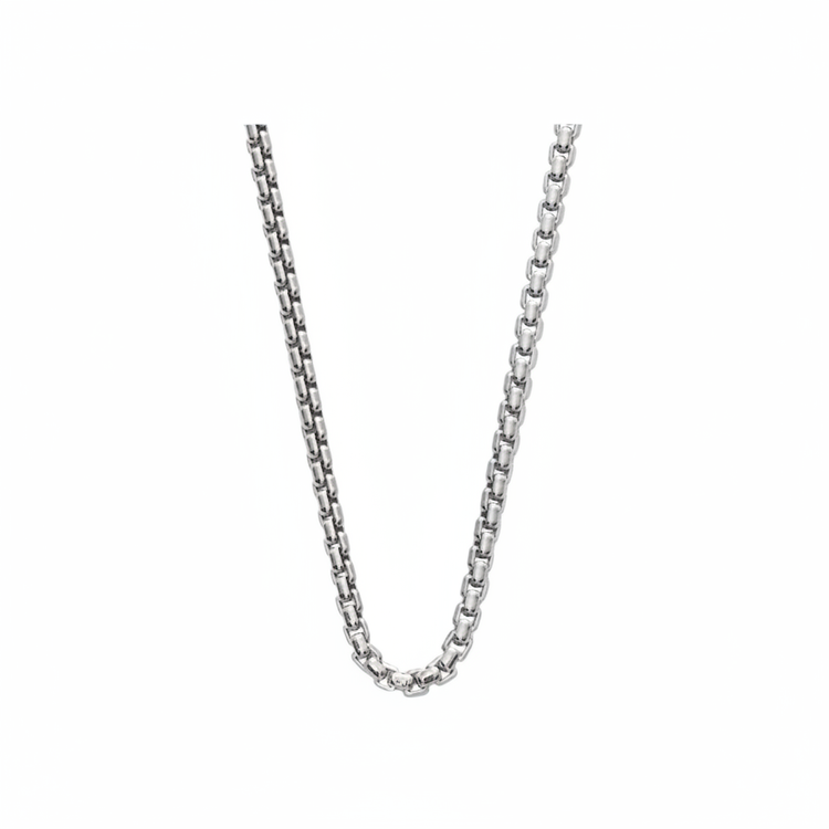 Fine sterling silver rounded box chain necklace on a white background
