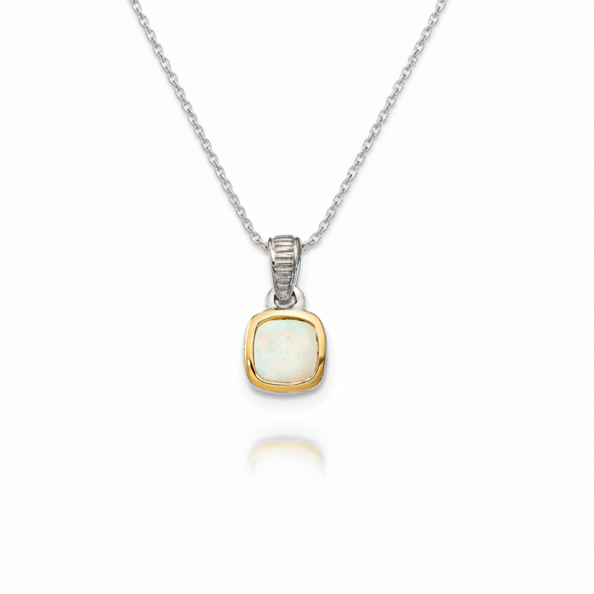 Two tone white opal pendant on a sterling silver wheat chain