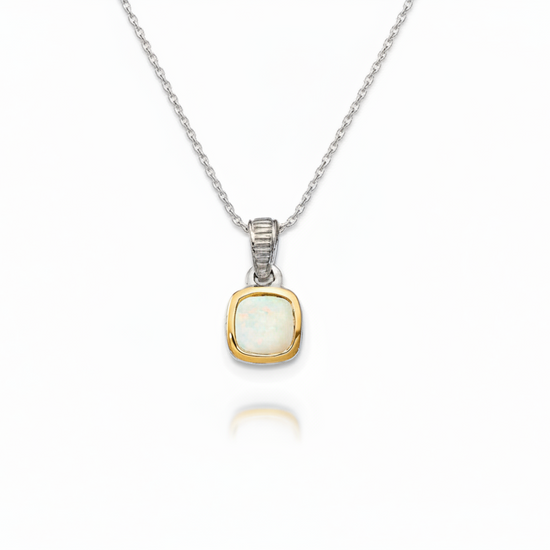 Two tone white opal pendant on a sterling silver wheat chain