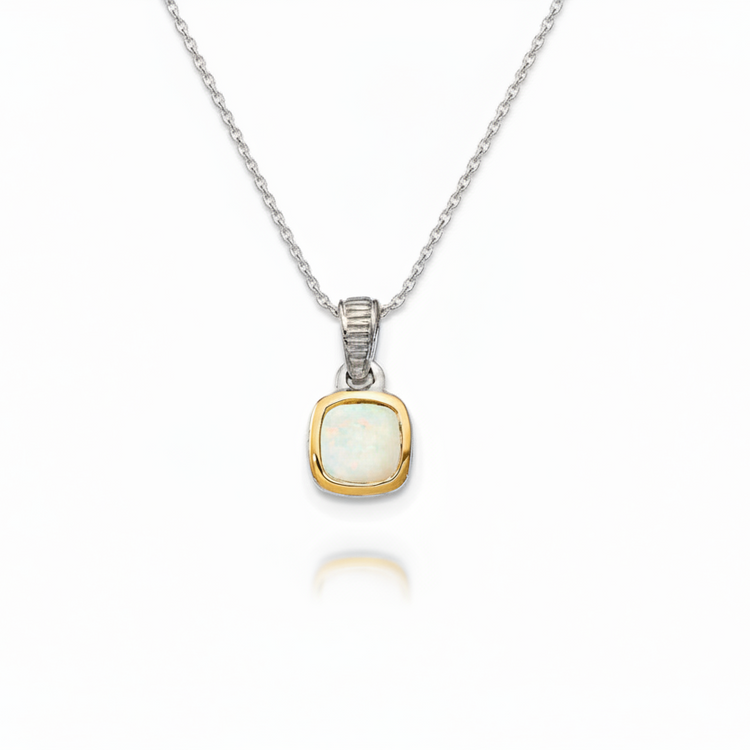 Two tone white opal pendant on a sterling silver wheat chain
