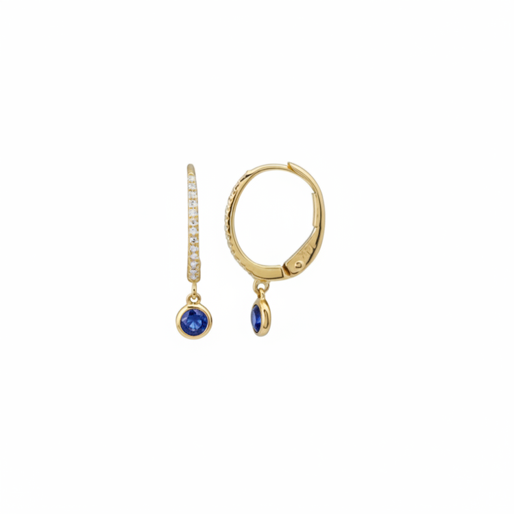 14k yellow gold petite diamond hoop earrings with blue sapphire drops