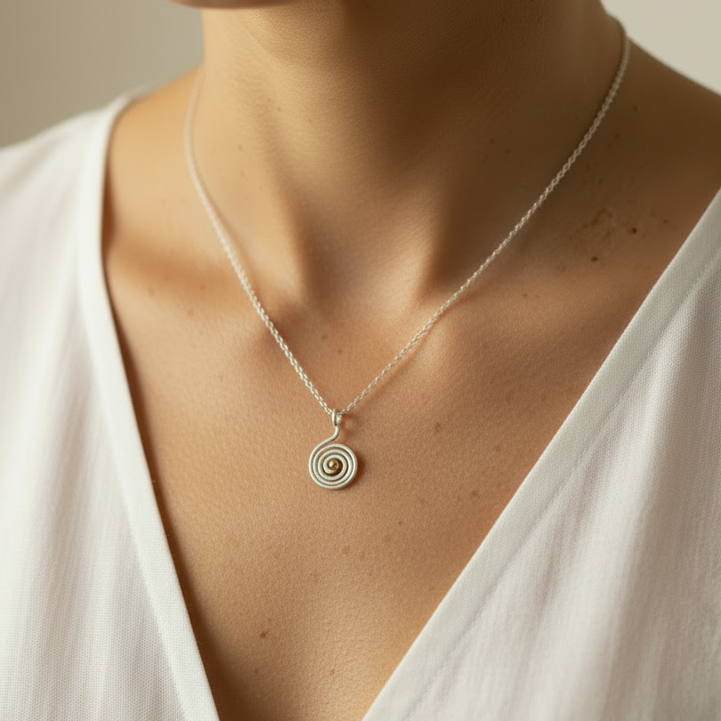 Swirling Waters Necklace on model in white v-neck