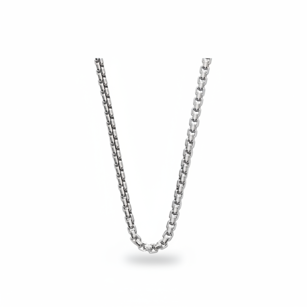 Sterling silver Venetian box chain necklace on a white background
