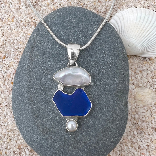 Keshi Pearl + Deep Blue Sea Glass Necklace
