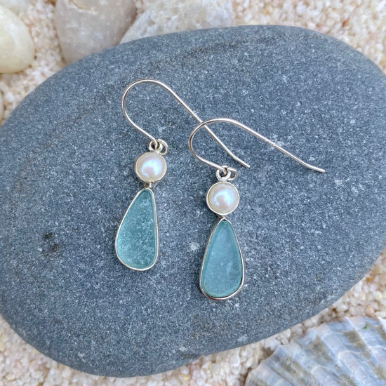 Aqua Sea Glass + Pearl Drop Earrings