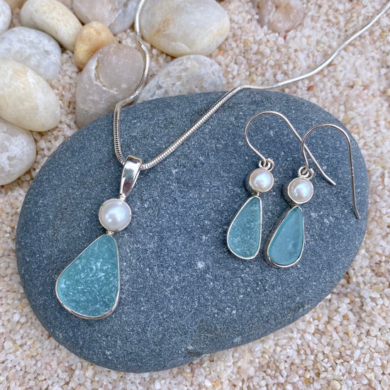 Aqua Sea Glass + Pearl Necklace