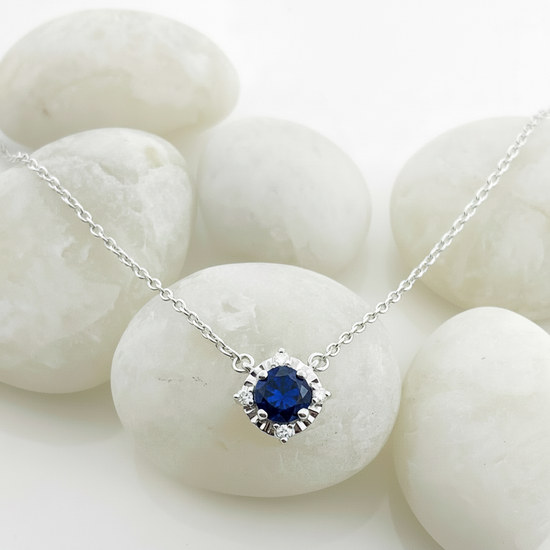 Sterling Silver Lab Sapphire+ Diamond Necklace