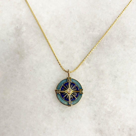 18K Gold Diamond Enamel Compass Rose Medallion
