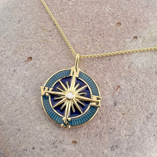 18K Gold Diamond Enamel Compass Rose Medallion