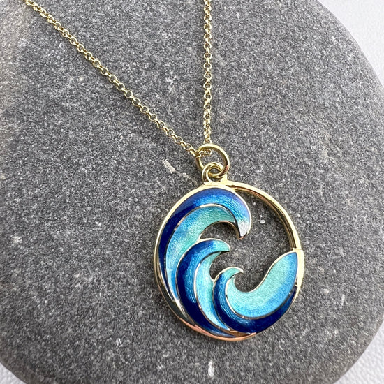 18K Gold Turquoise Ocean Waves Enamel Necklace