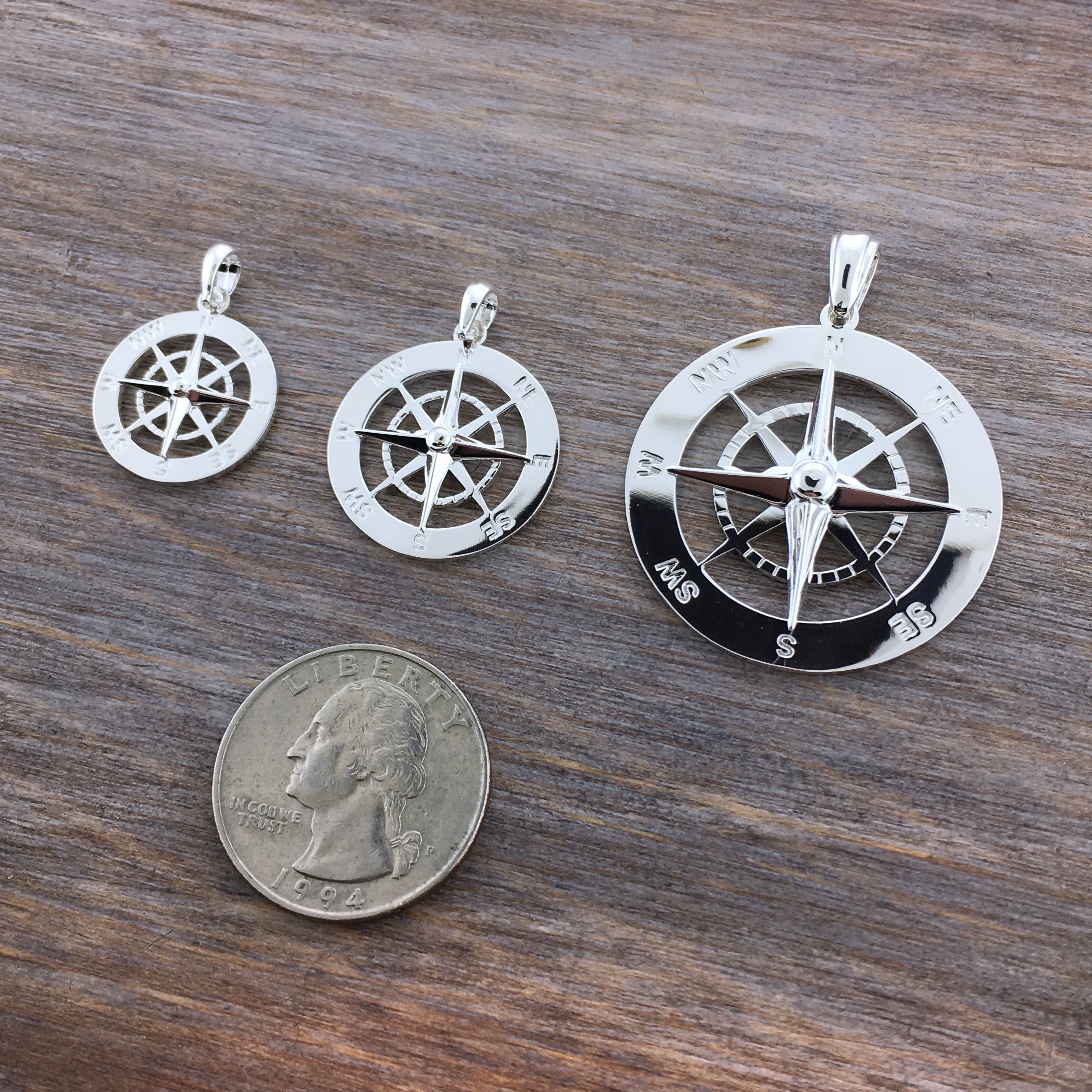 Extra Large Silver Smooth Compass Rose Necklace