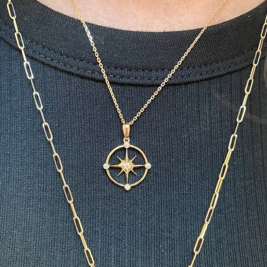 14K Gold + Diamond Sunburst Compass Pendant