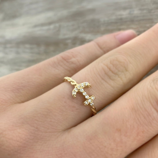 14k Gold + Diamond Anchor Twist Ring