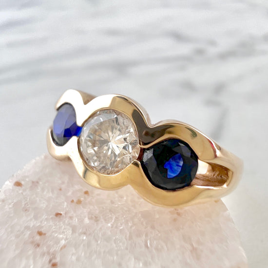 Sapphire + Diamond Bezel Set Three Stone Ring