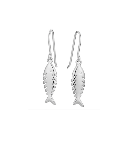 Sterling Silver Fish Bone Earrings with Crystal Eye