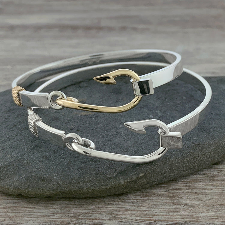 Fish Hook Bracelet for Men, 14K Solid Gold Nautical Men Bracelet