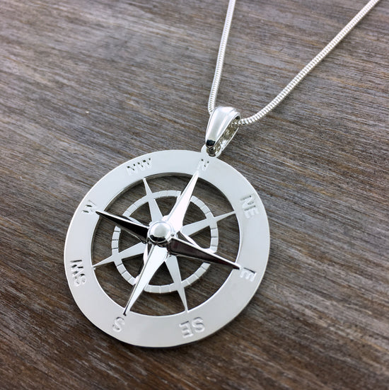 Extra Large Silver Smooth Compass Rose Necklace