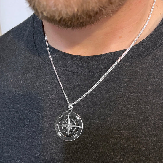 XL Silver Compass Curb Link Necklace