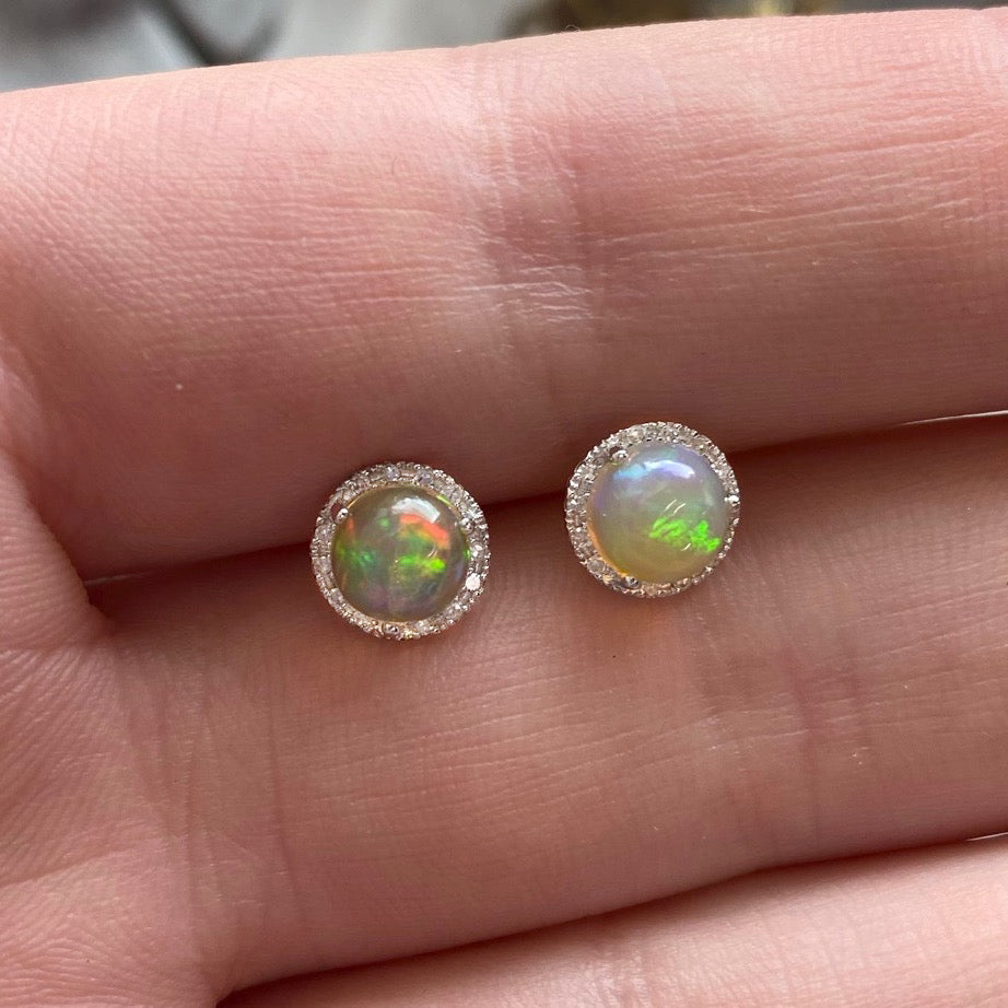 yellow gold and diamond studs with centered opal stone – Meira T Boutique