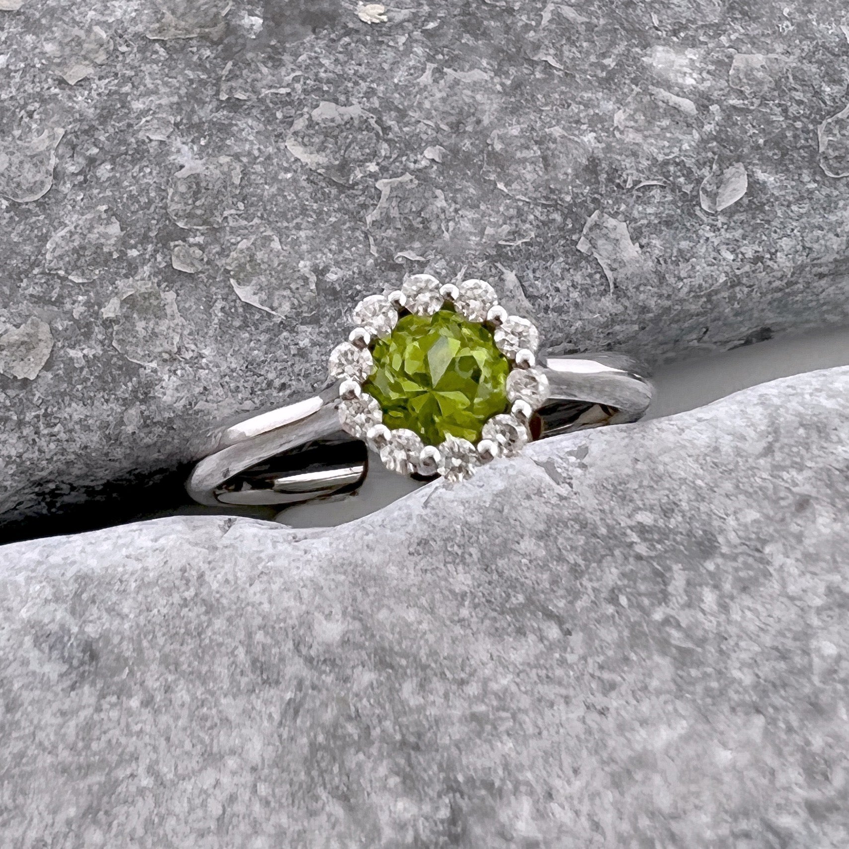 Petite Peridot + Diamond Halo Ring – Cape Cod Jewelers