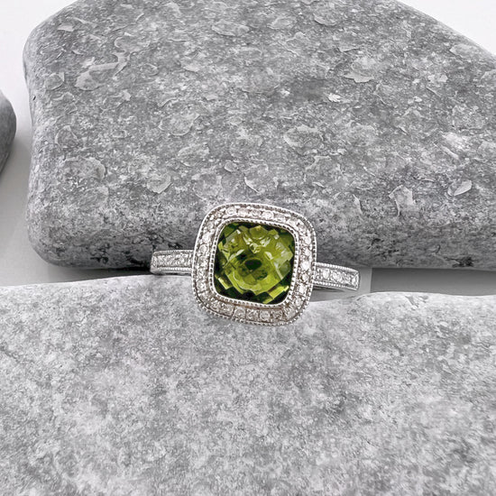 Peridot + Diamond Halo Ring