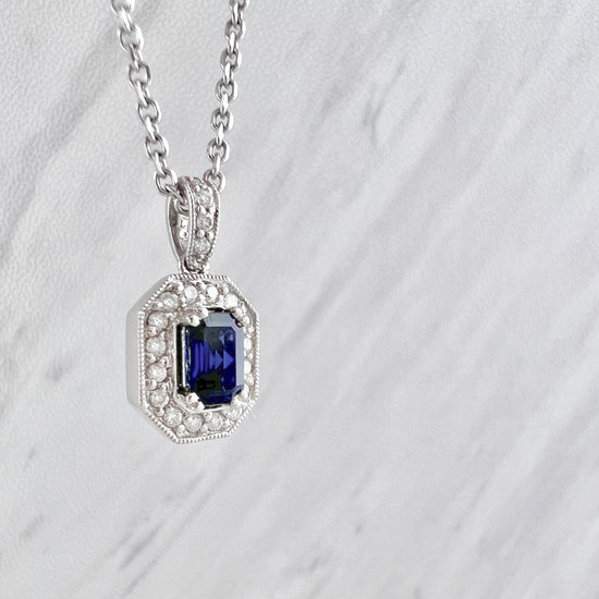 Emerald Cut Sapphire + Diamond Necklace