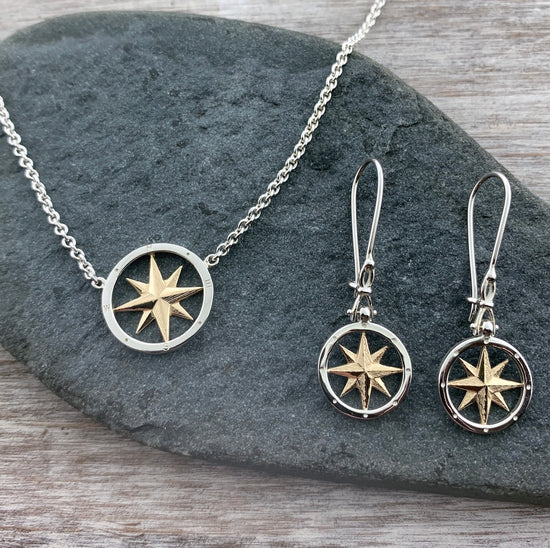 14k Gold + Sterling Silver Compass Earrings
