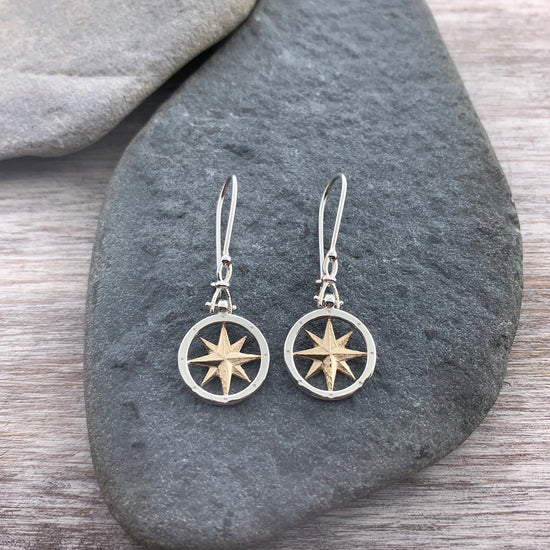14k Gold + Sterling Silver Compass Earrings