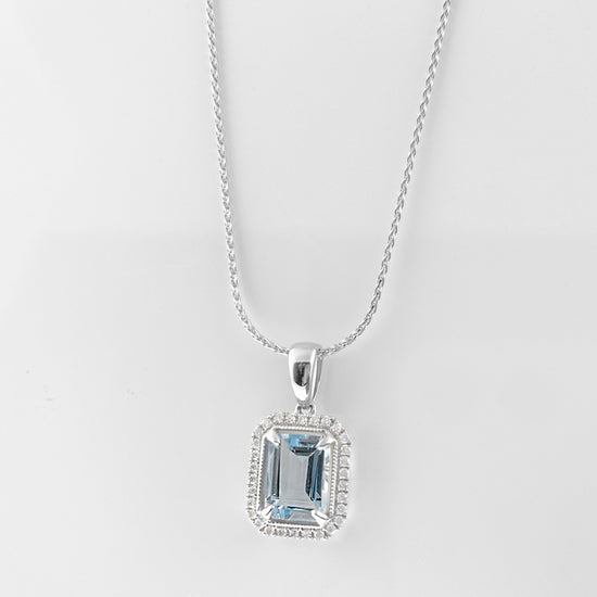 Emerald Cut Aquamarine + Diamond Necklace