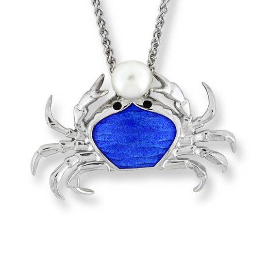 Blue Enamel + Pearl Crab Necklace