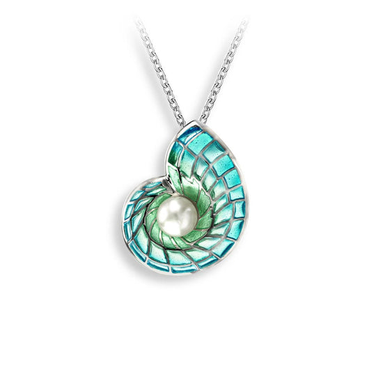 Blue Enamel + Pearl Plique-a-Jour Nautilus Shell Necklace