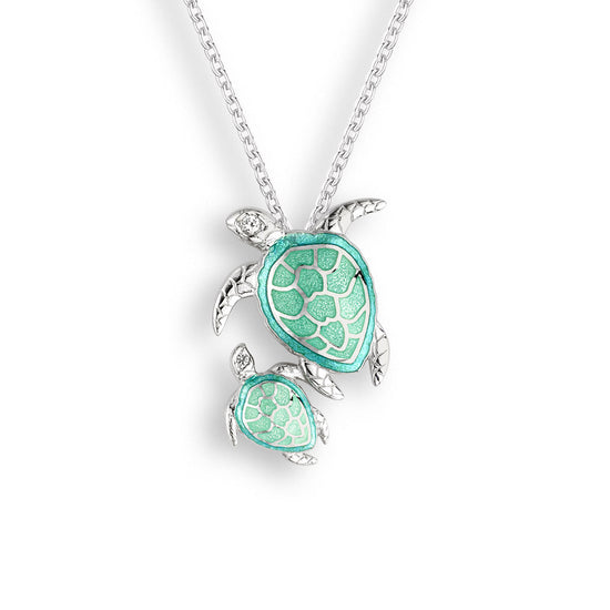 Green Enamel + Sapphire Turtle Family Necklace