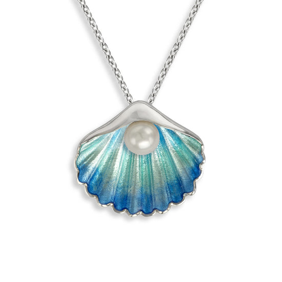 Blue Enamel + Pearl Scallop Shell Necklace