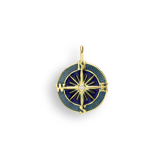 18K Gold Diamond Enamel Compass Rose Medallion