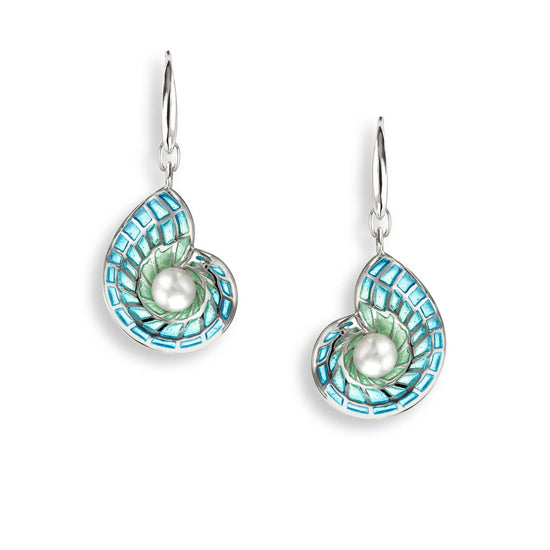 Blue Enamel + Pearl Plique-a-Jour Nautilus Shell Wire Earrings