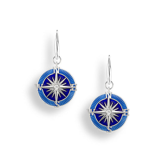Blue Enamel + Sapphire Compass Rose Wire Earrings