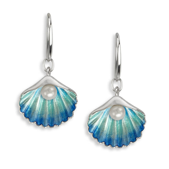 Blue Enamel + Pearl Scallop Shell Wire Earrings